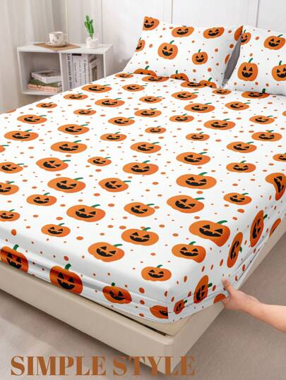 1 pieza Sábana ajustable, Ropa de cama con estampado de calabaza, Protector de colchón, Cubrecama, Textil para el hogar acogedor, Amigable con la piel, Sábana, Transpirable y anti-pelusas Protector de colchón, Suave y amigable con la piel, Para cama individual, twin, full, queen y king, Para todas las estaciones, Lavable a máquina, Cubrecama a prueba de polvo, Funda de almohada no incluida (solo 1 pieza de sábana ajustable), Halloween, Decoración de otoño, Decoración de habitación, Vuelta al colegio, Útiles escolares