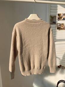 休闲猫咪图案落肩毛衣，秋冬 - 駝色 - 查看 5