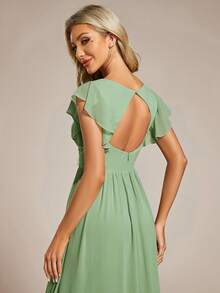 Đầm phù dâu bằng chiffon tay ngắn cổ chữ V, thiết kế hở lưng xếp ly, vạt bất đối xứng, thích hợp cho đám cưới, các dịp đặc biệt, tiệc tối trang trọng, mẹ cô dâu, khách dự đám cưới. - màu xanh lá - Xem 4