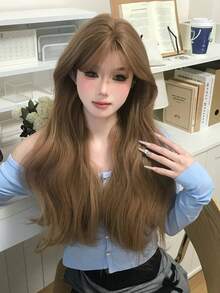 24 Inch Milk Tea Champagne Wig With Full Bangs - Soft Airy Curly Long Synthetic Hair With Rose Net Cap - Heat Resistant Beige Blonde Fluffy Waves For All Skin Tones (Daily & Party - Champagne - View 3