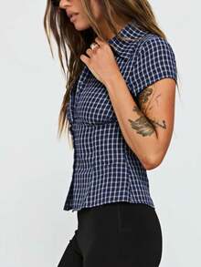 Women's Y2K Plaid Shirt Button-Up Short Sleeve Collared Slim Fit Casual Summer Blouse Tops - 藏蓝色 - 查看 3