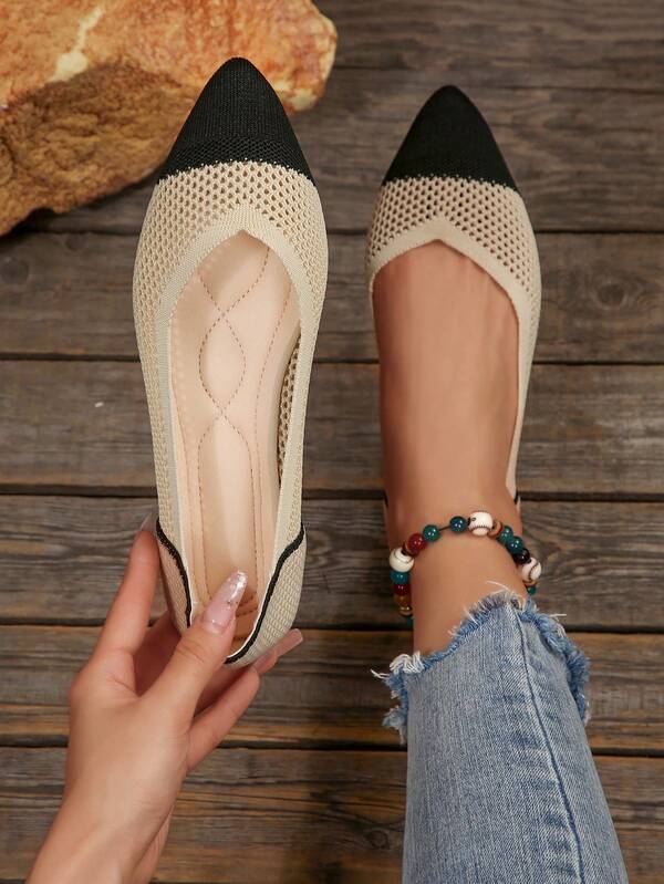 Plus Size Women Hollow Knitted Pointed Toe Flat Loafers, Breathable & Lightweight, Spring/Summer