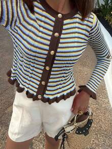 SEREN New Spring Striped Contrast Color Crew Neck Button-Up Long Sleeve Knit Cardigan, Slim Fit Flattering Ruffle Hem Long Sleeve Knit Top, - Multicolor - View 7