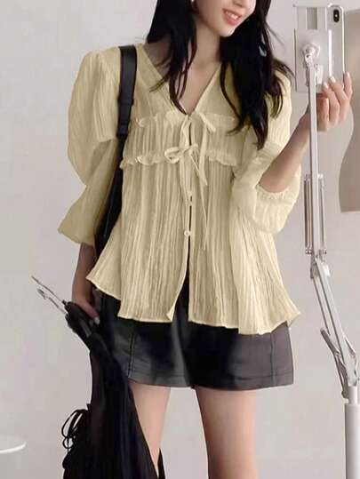 优雅女士系带长袖防晒衬衫，独特领口设计，2025 年春季系列，小码