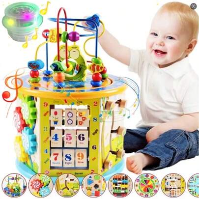 Cubo de actividades de madera, 8 en 1 juguetes para niños y niñas mayores de 1 año, juguetes educativos de aprendizaje para niños de 1 y 2 años, multiusos ABC-123 Ábaco, laberinto de cuentas, clasificador de formas