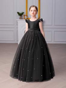 Tween Girl Black Mesh Handmade Beaded Bow Party Dress, Elegant Princess Dress Suitable For Girls Birthday Party, Banquet, Prom, Masquerade Ball, Flower Girl, Holiday Celebration - Black - View 2