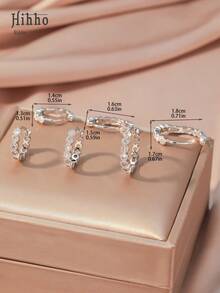 Hihho 3 对时尚方晶锆石环形耳环，简约优雅的日常佩戴珠宝套装，迷人的圆形耳环，适合女性、生日和约会礼物 - 銀色 - 查看 5