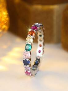Vanel 1pc Luxury Full Eternity Cubic Zirconia Ring, Jewelry Gift For Girlfriend, Classmate - Silver-multicolor - View 3