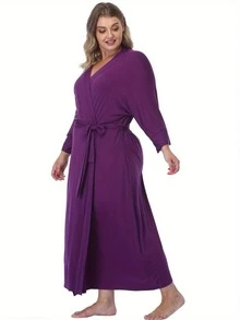 Womens Plus Size Long Robes Lightweight Kimonos V Neck Knit Bathrobe Soft Maternity Robe Sleepwear - 紫色 - 查看 5