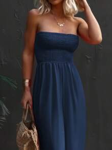 Women's Casual Summer Jumpsuit Strapless Sleeveless Smocked Wide Leg Chiffon Romper With Pockets - 藏蓝色 - 查看 1