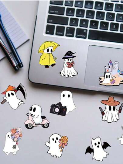 50 buc autocolante drăguțe cu desene animate de Halloween cu fantome, set de autocolante decorative din PVC, potrivite pentru notebook DIY, laptop, bagaje, birou, decorațiuni de sărbători, decor de petrecere de Halloween