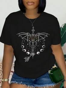 Basgiath Women's Purple Dragon & Celestial Print T-Shirt - Fantasy Anime Graphic Short Sleeve Crew Neck Top, Semi-Sheer Casual Shirt For Summer & Spring, Machine Washable, Breathable Fabric, Ligh