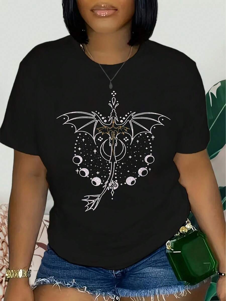 Basgiath Women's Purple Dragon & Celestial Print T-Shirt - Fantasy Anime Graphic Short Sleeve Crew Neck Top, Semi-Sheer Casual Shirt For Summer & Spring, Machine Washable, Breathable Fabric, Ligh