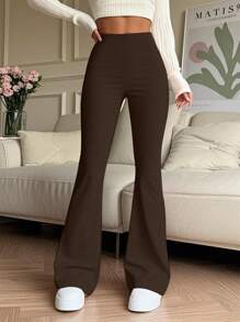 大码纯色高腰弹力喇叭裤运动瑜伽裤压缩紧身裤跑步健身裤，春夏透气速干运动长裤，女士紧身裤，女装 - 棕色 - 查看 4