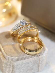 Vanel 3pcs Elegant Stackable Rings, Inlaid With Shiny Zirconia Stones, Engagement/Wedding Rings, Formal Party Decoration, Gift For Your Loved One - 3-piece Set - View 2