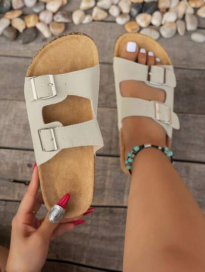 Sandalias de verano de ajuste ancho para mujer, nuevas y vintage, con hebilla ajustable, doble correa, punta abierta, transpirables, con suela de corcho suave, cómoda y antideslizante, zapatos planos casuales para ir y venir, vacaciones