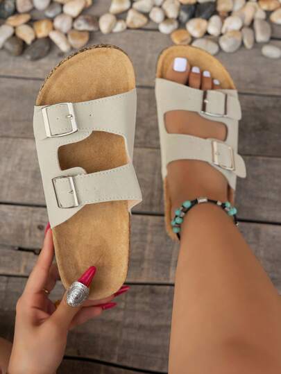 Wide Fit Women's Summer New Vintage Adjustable Buckle Suede Double Strap Open Toe Breathable Sandals, Soft Cork Bottom Comfortable Non-Slip Durable Slippers, Casual Commute Vacation Flat Shoes