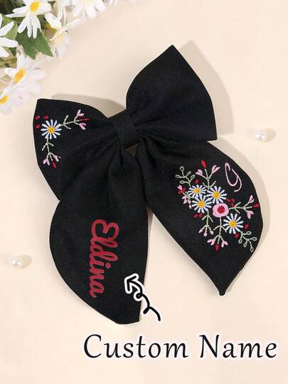 1 buc text personalizat fundă de păr neagră pentru fete flori brodate fundă agrafă de păr cu coadă nume personalizat agrafe negre cleme elegante de aligator copii accesorii de păr pentru bebeluși