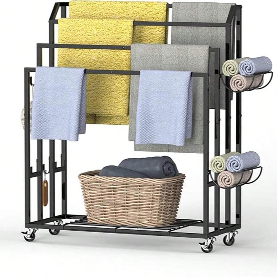 Free Standing Towel Rack For Bathroom, 4 Tier Floor Towel Holder Stand With Storage Shelves, Metal Blanket Rack Holder,Towel Drying And Display Rack Outdoor, Black - 黑色 - 查看 1