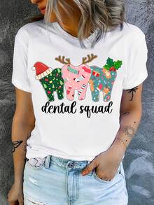 Women's Dental Squad Christmas Graphic T-Shirt - Festive Holiday Design With Santa Hats & Reindeer Antlers, Soft Stretch Round Neck Casual Tee For Dental Professionals, Machine Washable Summer Top, Dental Hygienist Gifts, Seasonal Workwear, Fun Workwear, Durable Construction, Fun Work Shirt - White - View 2