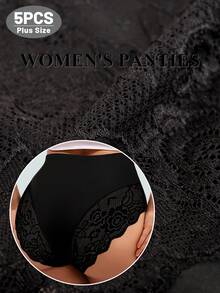 MEIYATING 5pcs/Pack Plus Size Women's Lace Panties, High Waist Tummy Control, Floral Hollow Out Sexy Underwear - Black - View 6