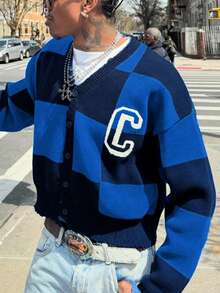 ANDREILEE Plaid V-Neck Long Sleeve Dropped Shoulder Letter Print Casual Loose Unisex Button-Up Cardigan, Suitable For Spring, Autumn, Winter - Blue - View 2