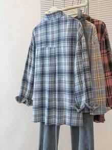 YUXIN Áo sơ mi dài tay kẻ caro cổ điển kiểu Mỹ dành cho nữ, áo cánh dáng rộng thoải mái sang trọng với chi tiết thiết kế, phù hợp cho mùa xuân và mùa thu - Màu xanh mòng két - Xem 4