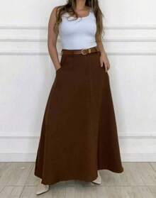 Women's Long Round Skirt Tailored Oxford Fashion Evangelical Casual Basic Winter High Waist Elegant - 咖啡棕 - 查看 1