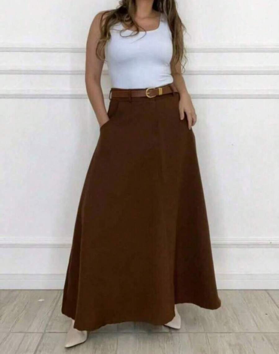 Women's Long Round Skirt Tailored Oxford Fashion Evangelical Casual Basic Winter High Waist Elegant - 咖啡棕 - 查看 1