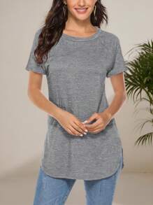 Women's Casual Simple Gray Round Neck Short Sleeve T-Shirt, Summer