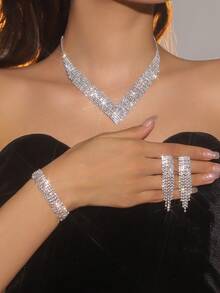 Ensemble de bijoux de mariée, boucles d'oreilles à franges brillants en cristal, collier élégant, bracelet et bague, convient pour le mariage, la fête, le banquet, le bal - Argent - Voir 10