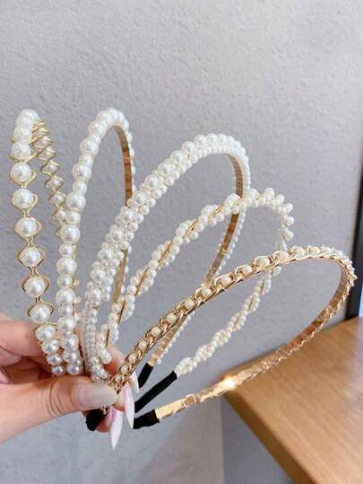 5 件简约珍珠发带，甜美仿珍珠头带，优雅百搭，仙女般的魅力，高冠头饰的压脸发饰