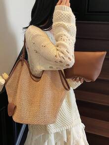 1 件女士草编包,时尚纯色手提包,休闲复古大容量单肩托特包,适合度假、海滩 - 米色 - 查看 11