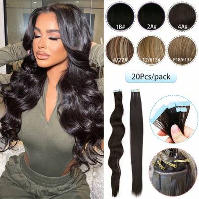 20 piezas Extensiones de cabello con cinta adhesiva, Extensiones de cabello sintético rectas de 24 pulgadas, 2 estilos disponibles: ondulado y recto, pre-tratadas para rizar, elegantes extensiones onduladas con cinta adhesiva, resistentes a la decoloración, invisibles y sin costuras, adecuadas para todo tipo de cabello. 20 piezas/paquete, 70g