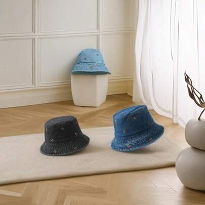 1 Pc Cherry Embroidery Cowboy Bucket Hat - Women's Summer And Autumn Fashion Hat, Casual Bucket Hat Suitable For Parties, Daily Travel, Outings, Dates, Decorative Style, With A Festive Atmosphere, Suitable For Halloween, Christmas, New Year And Other Festivals, Gifts, Perfect Gifts, Suitable For Boys, Girls, Couples.