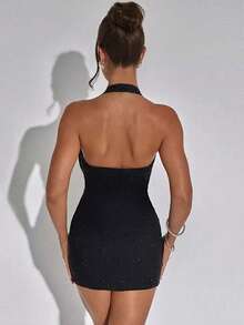 ZIAI 2025新款女装时尚欧美风性感露背低胸垂坠结饰海滩派对紧身迷你连衣裙 - 黑色 - 查看 2