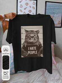 Women's Funny Cat Letter Print Round Neck Short Sleeve Simple Casual Everyday T-Shirt Tops Women's Summer Everyday Casual Street Style Tops Cute T-Shirts - Black - View 5