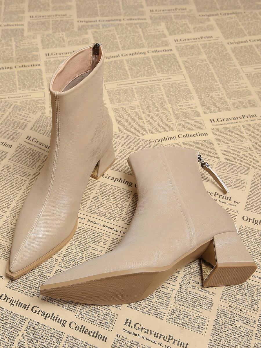 2025秋季新款优雅简约杏色粗跟尖头踝靴，百搭时尚女式踝靴，秋冬款 - 杏色 - 查看 1