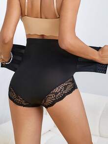 女式高腰蕾丝边收腹紧身打底裤 - 黑色 - 查看 3