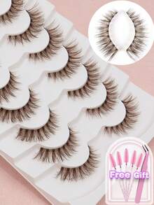 7对棕色睫毛透明茎漫画风格自然仿真新手睫毛五对套装棕色化妆工具产品佩戴舒适手工上睫毛翼状尾眼拉长自然逼真睫毛全条睫毛持久浓密流行化妆美容工具 - 自然纖長款 - 查看 1