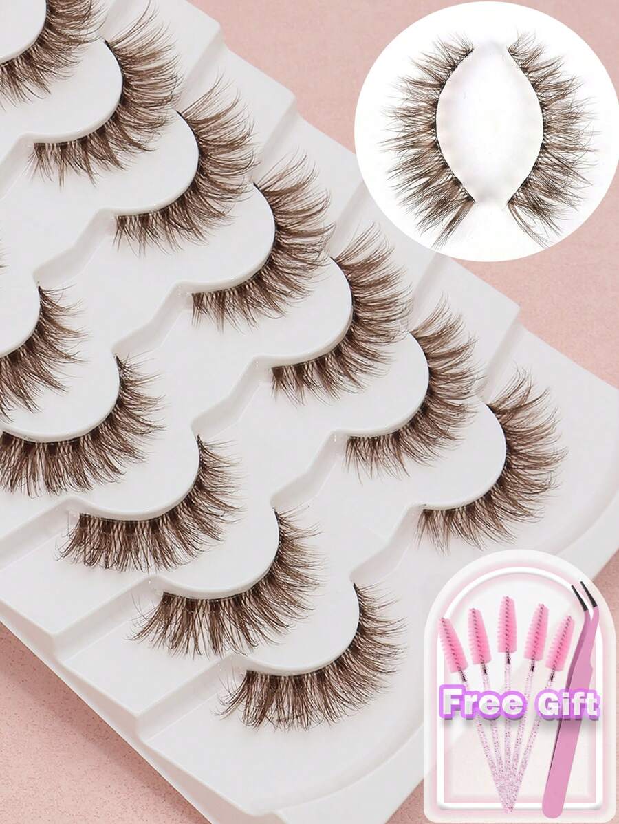7对棕色睫毛透明茎漫画风格自然仿真新手睫毛五对套装棕色化妆工具产品佩戴舒适手工上睫毛翼状尾眼拉长自然逼真睫毛全条睫毛持久浓密流行化妆美容工具 - 自然纖長款 - 查看 1