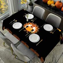 1/20pcs Autumn Thanksgiving Tablecloth, Luxurious Black Background Embellished With Orange Pumpkin And Cute Turkey Pattern Autumn Tablecloth, Suitable For Restaurant, Kitchen, Thanksgiving Decoration, Holiday Party Essential, Perfect Match Home Decoration