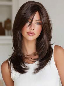 SMILCO 18 Inch Brown A-Line Bangs Medium Length Wig For Women Realistic Matte Hair Slightly Curled Fluffy Style Commuter Date - màu nâu - Xem 1