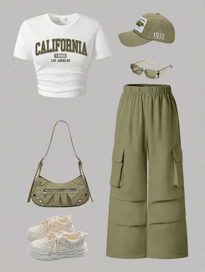 Tween Girls Summer Letter Print Short Sleeve Top And Cargo Pants Set