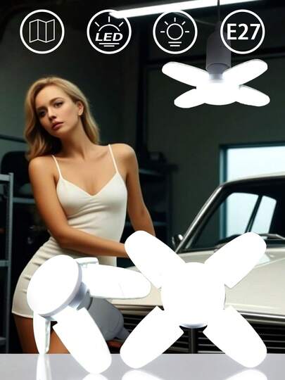 1pc High Brightness LED Garage Light Bulb - Multifunctional Three-Leaf Design, Foldable, White PVC Material, E27 Socket, 85V-265V, Suitable For Workshop And Garage Lighting, Garage LED Light