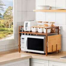 LIVINGANDHOME Living And Home Wooden Spice Rack Organizer,Kitchen Bakers Rack,Microwave Stand, Kitchen Storage Rack Shelf Holder For Spices, Pots, And Pans - Free Standing Kitchen Storage Shelf With Hooks (55*35*67cm/42cm) - Brown - View 2
