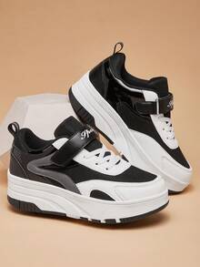 New Hook And Loop Closure Roller Skate Shoes For Teenagers, 4-Wheel Design For Enhanced Stability, Detachable Wheels, Breathable , Suitable For Casual Daily Use, Roller Skating & Ice Skating - Black and White - View 4