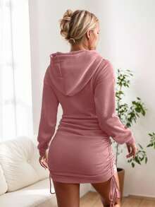 Hooded Long Sleeve Dress Women, European And American Retro Sexy Spring Autumn Outdoor Drawstring Ruched Bodycon Mini Skirt - Peach - View 2