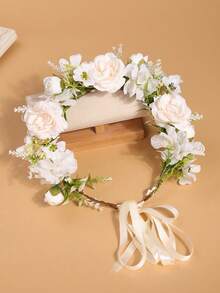 1 件女孩欧美风格仿花花环，仿褶皱花蕾玫瑰，小花蕾花环，优雅绣球花，海棠花花环，适合海滩、摄影、发饰，可调节缎带 - 彩色 - 查看 8