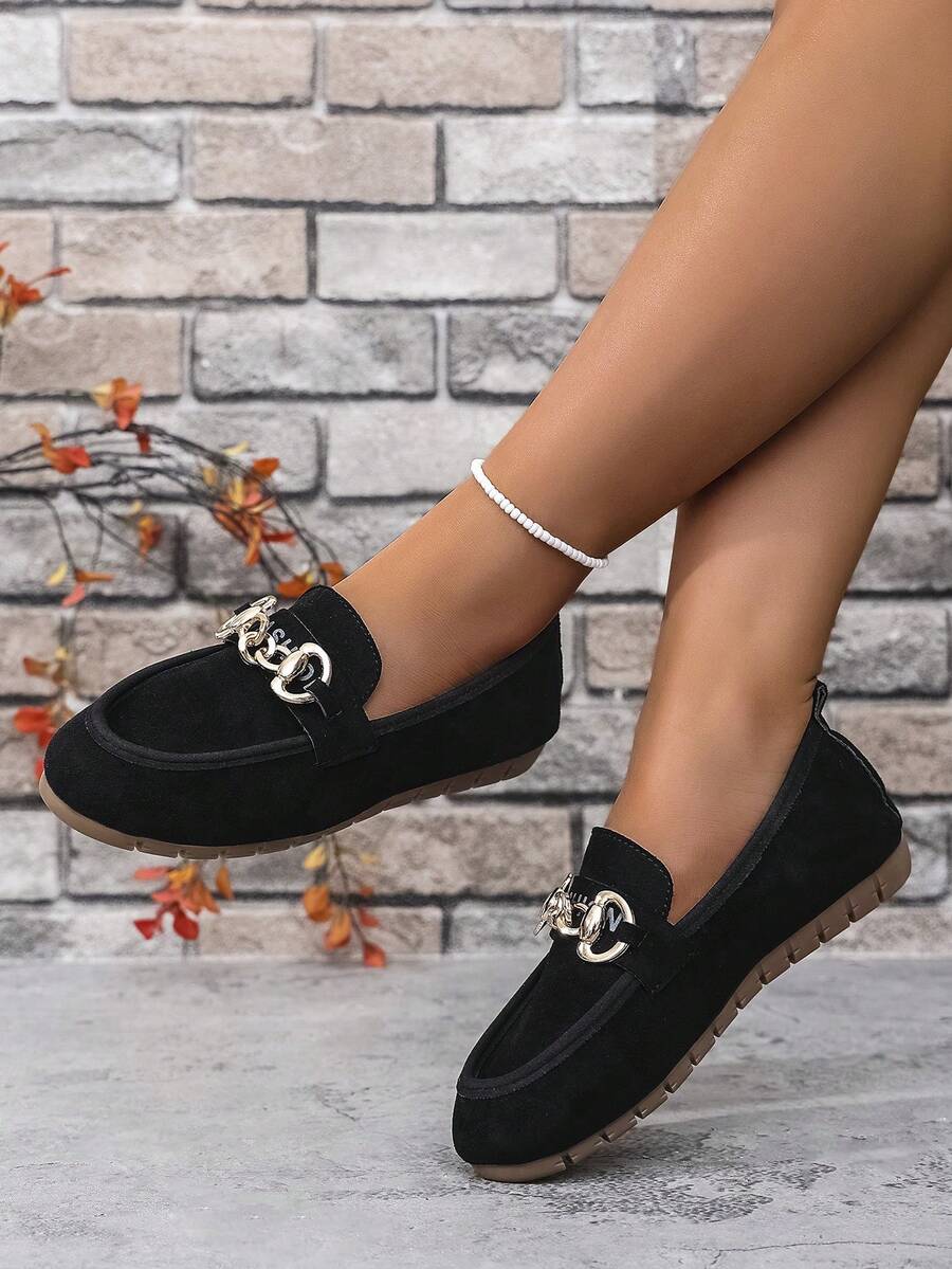 1 Paar Damen Retro Loafer, Obermaterial aus Wildleder mit bedruckter Ketten-Dekoration, atmungsaktiv & bequeme Slip-On Flache Schuhe, geeignet für Partys, Dates, Tänze, Lässig, Strand, Innenbereich, Straße, Campus Tragen